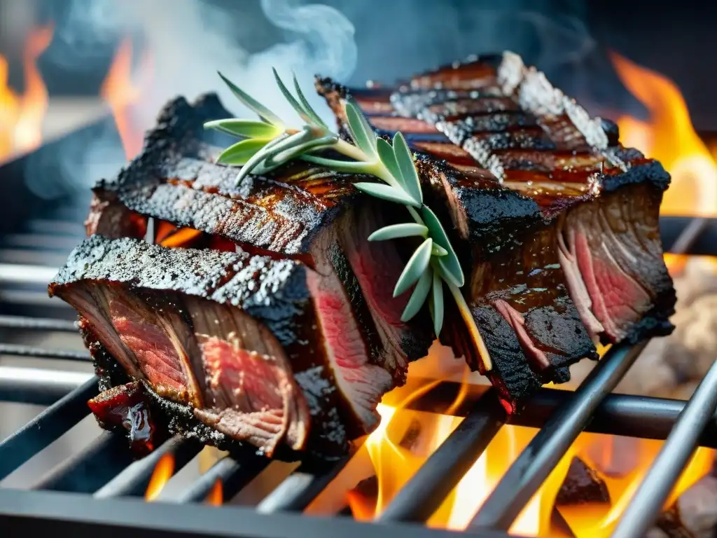 Deliciosas costillas de res asadas en la parrilla, con marcas de parrilla y hierbas frescas, mostrando la diferencia entre cortes largo y corto