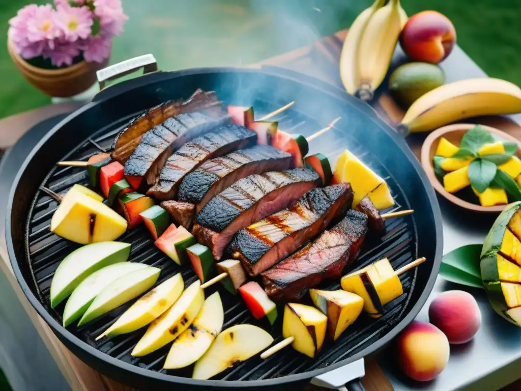 Deliciosas frutas asadas en parrilla uruguaya rodeadas de naturaleza exuberante