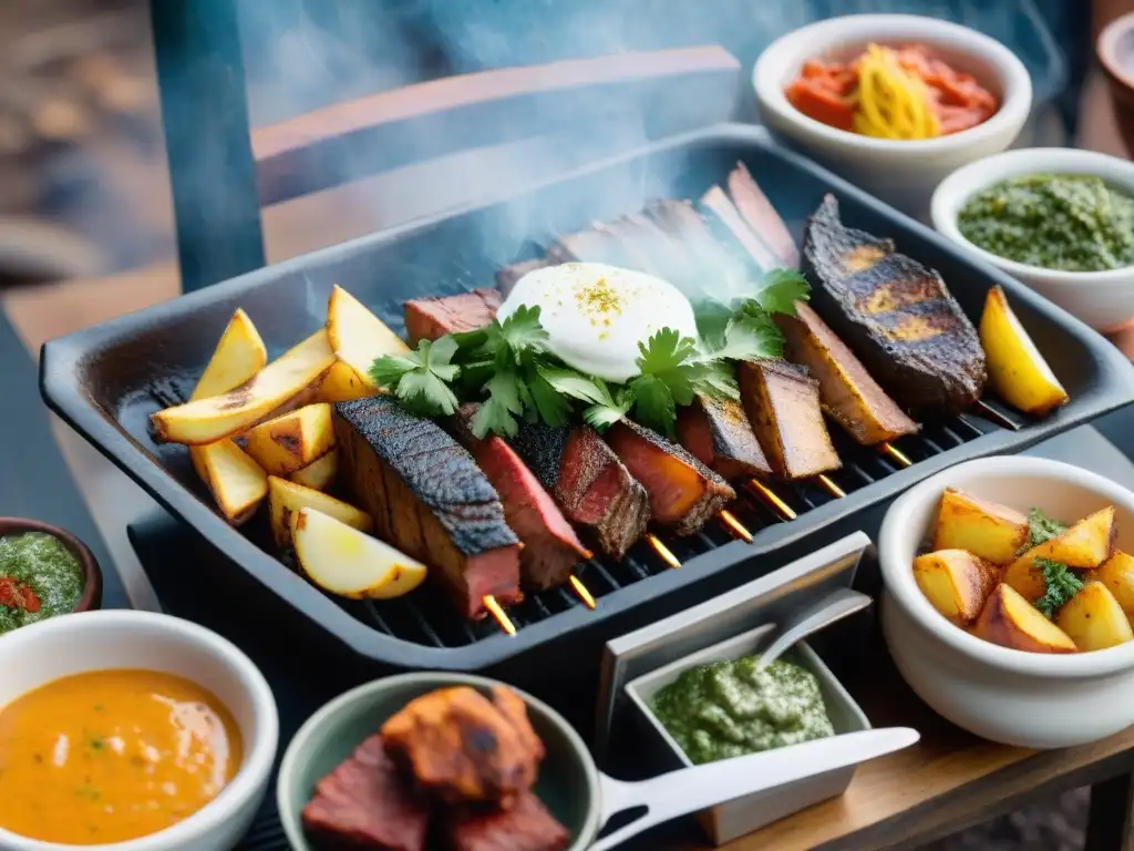 Deliciosas guarniciones para asado uruguayo: papas fritas, ensalada rusa, provoleta y chimichurri, junto a carnes asadas