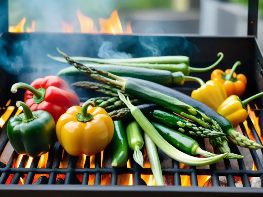 Deliciosas guarniciones de legumbres para asado en una parrilla caliente, con vegetales coloridos y aromáticas hierbas frescas