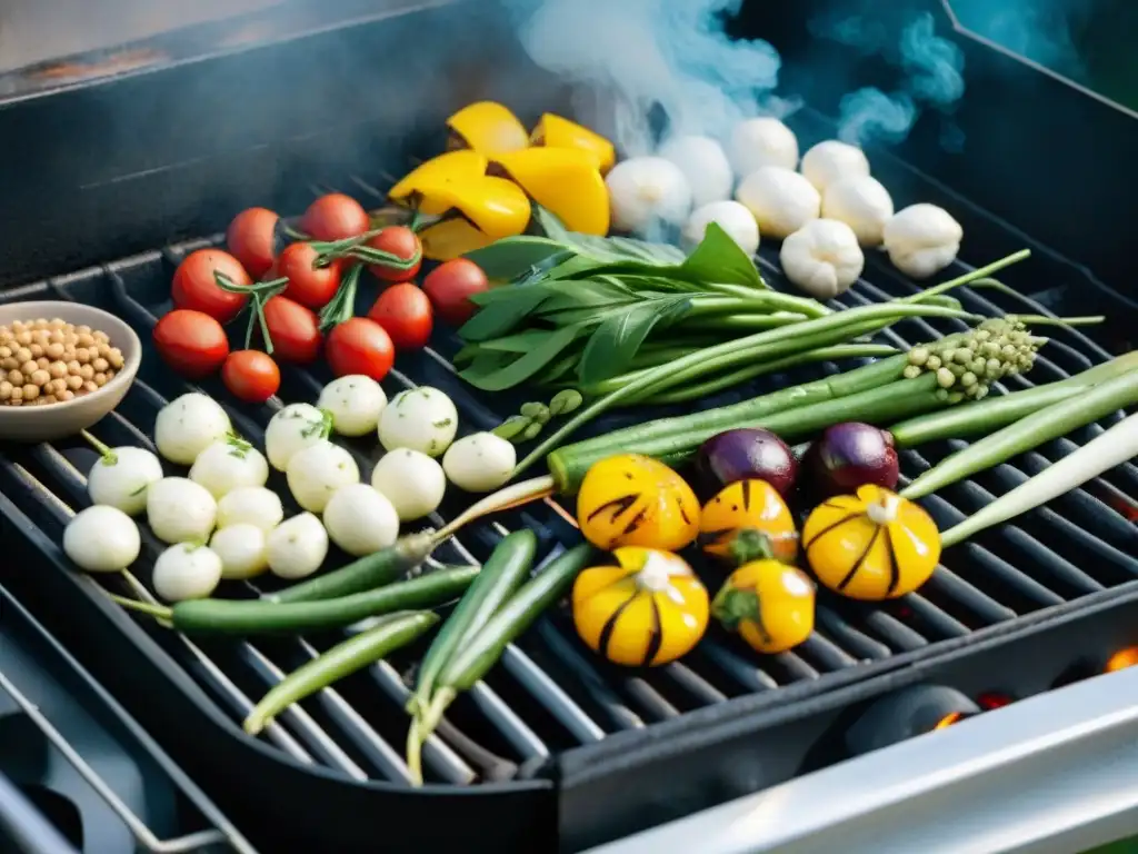 Deliciosas guarniciones de legumbres para asado con vegetales a la parrilla, colores vibrantes y chispeantes marcas de grill