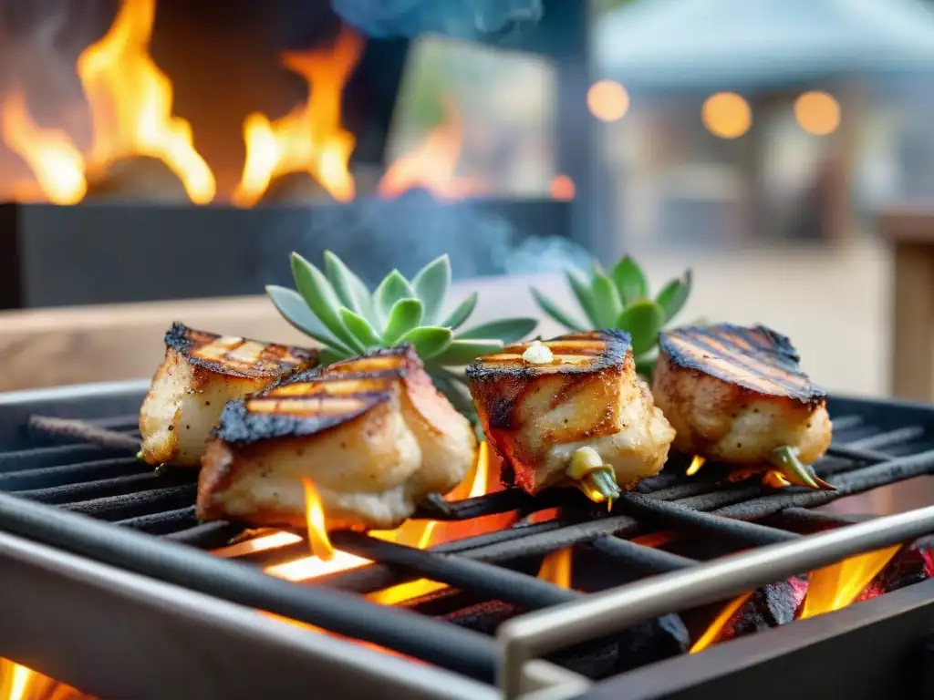 Deliciosas mollejas asándose en la parrilla con salsa de vino blanco, en un ambiente acogedor y festivo