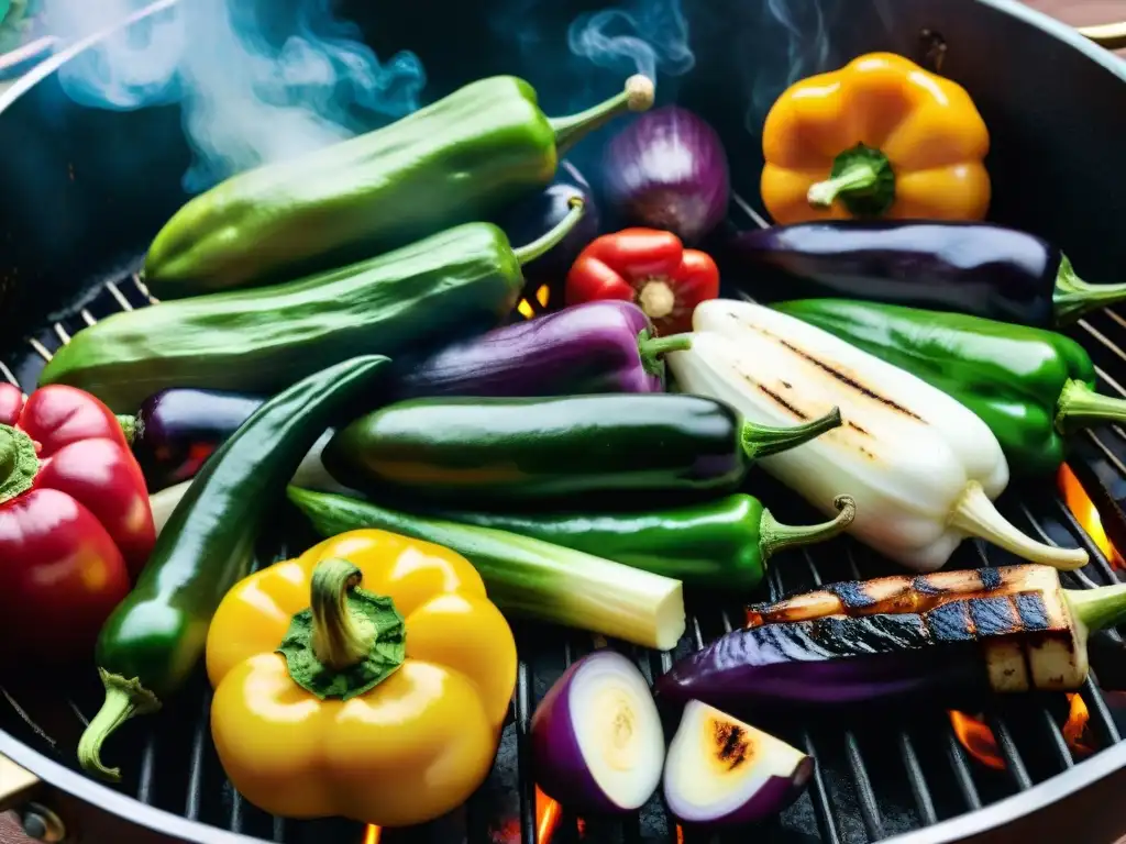 Deliciosas opciones vegetales en la parrilla de un asado uruguayo, con verduras vibrantes y tentadoras marcas de parrilla