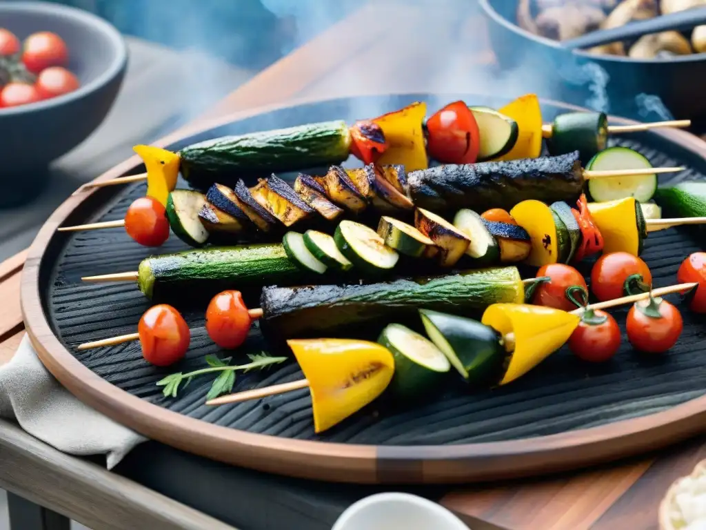 Deliciosas opciones vegetarianas para asado uruguayo: brochetas de vegetales a la parrilla con hierbas frescas y aceite de oliva