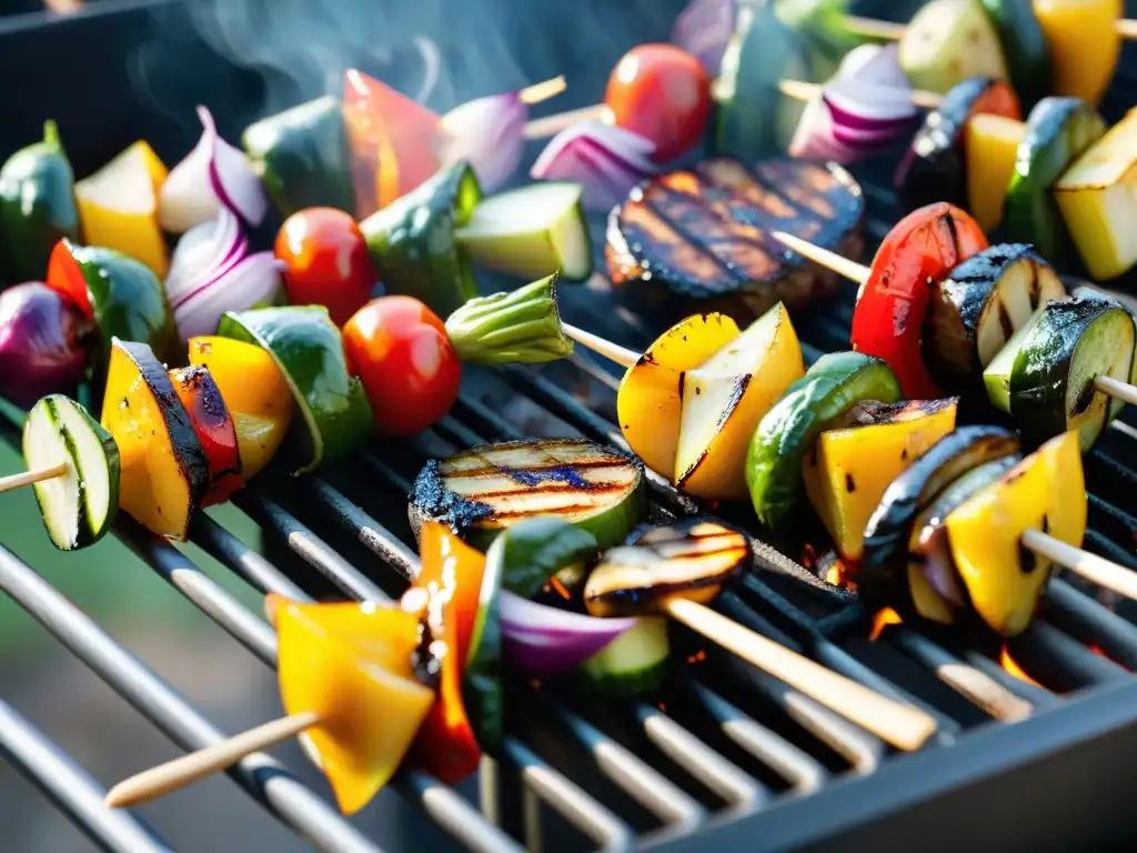 Deliciosas opciones vegetarianas en parrilladas: coloridas brochetas de verduras asadas, evocando alegría veraniega