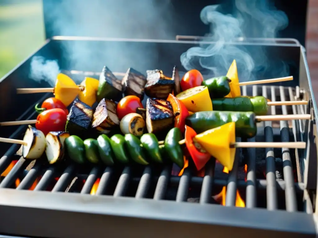 Deliciosas opciones vegetarianas en parrilladas: brochetas de vegetales vibrantes y coloridos asándose en la parrilla