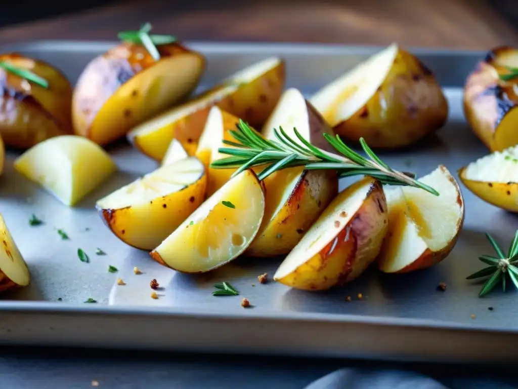 Deliciosas papas asadas perfectas recetas guía en bandeja de madera rústica con romero fresco y sal marina