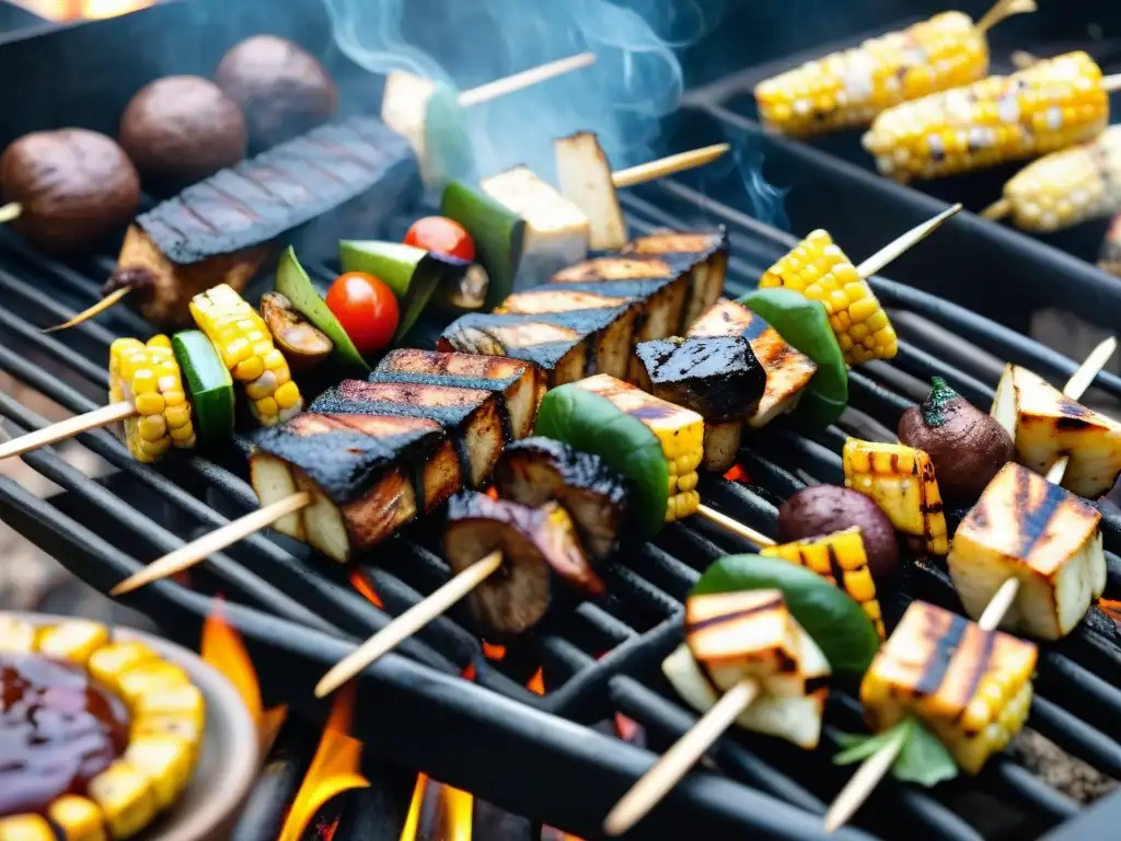 Deliciosas proteínas vegetales en parrilla en un festín de barbacoa al aire libre