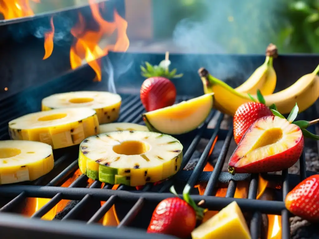 Deliciosas recetas asado frutas parrilla: exquisitas frutas doradas y brillantes en la parrilla al atardecer veraniego