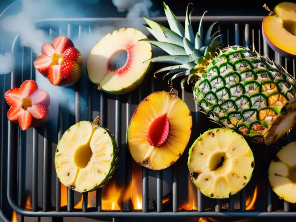 Deliciosas recetas asado frutas parrilla: piñas, duraznos, fresas y plátanos caramelizándose en la parrilla al atardecer de verano