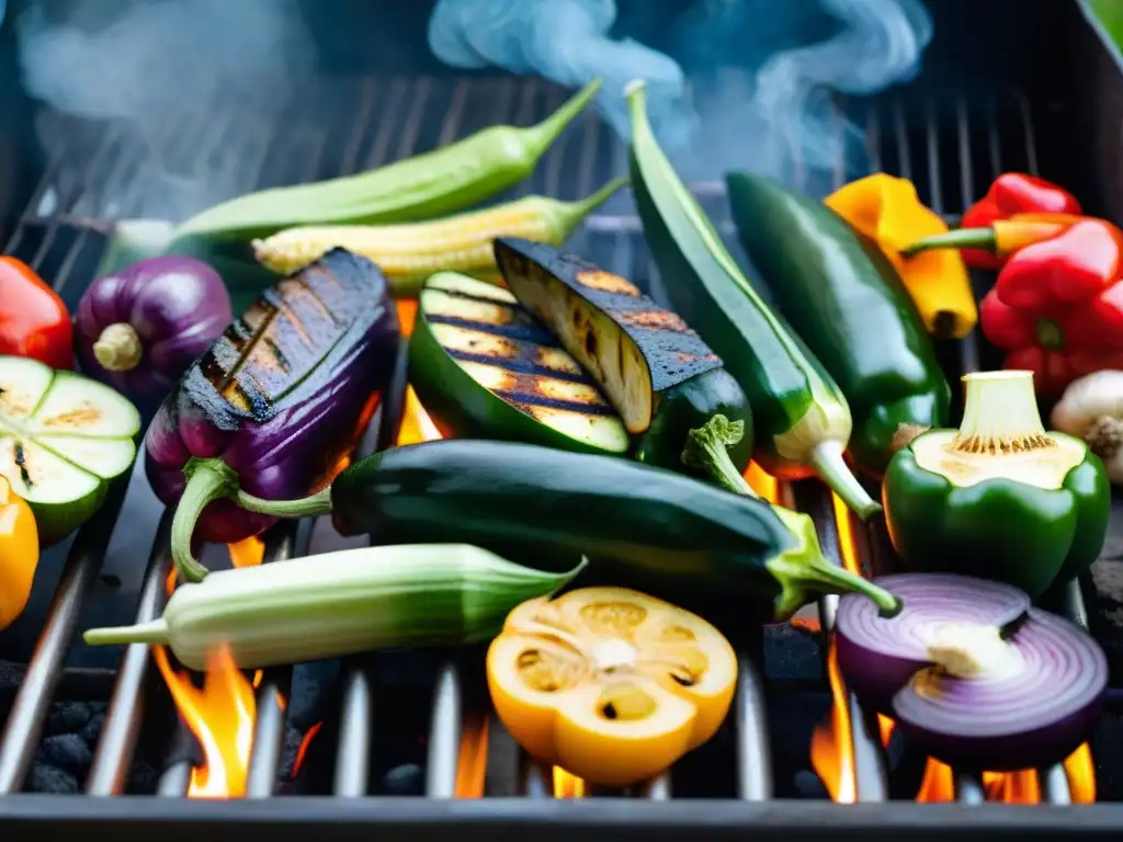 Deliciosas recetas asado vegetal parrilla: vegetales caramelizados y coloridos sobre la parrilla en atardecer de verano