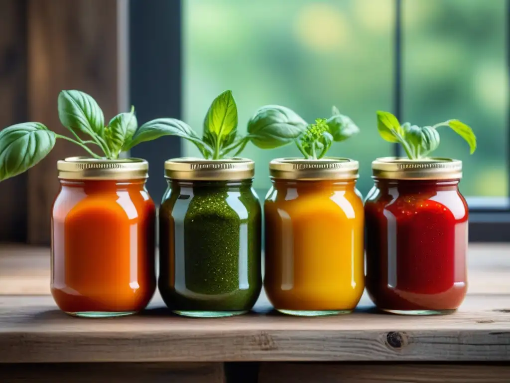 Deliciosas salsas para asados vegetales gourmet en tarros de vidrio sobre mesa rústica, bañadas por la cálida luz del sol