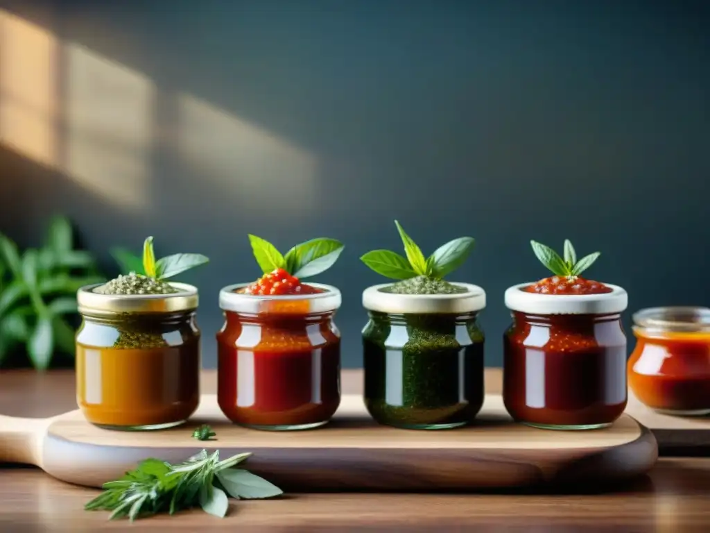 Deliciosas salsas y condimentos para asado en elegante presentación en tabla de madera