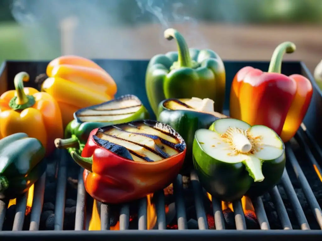 Deliciosas verduras asadas en barbacoa al atardecer, evocando beneficios saludables del asado