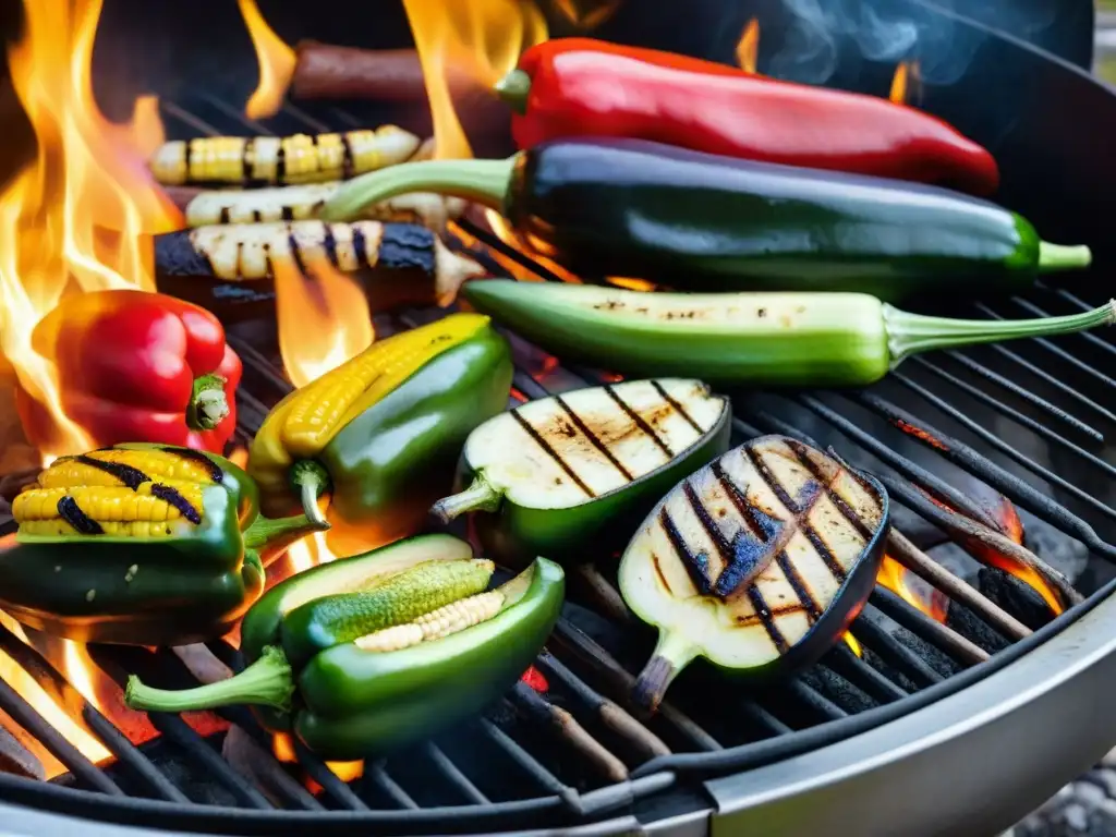 Deliciosas verduras vibrantes en la parrilla de un asado uruguayo, con grill marks y humo, para recetas saludables