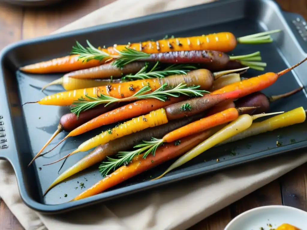 Deliciosas zanahorias asadas con miel y mostaza, caramelizadas y brillantes en una bandeja de horno con romero