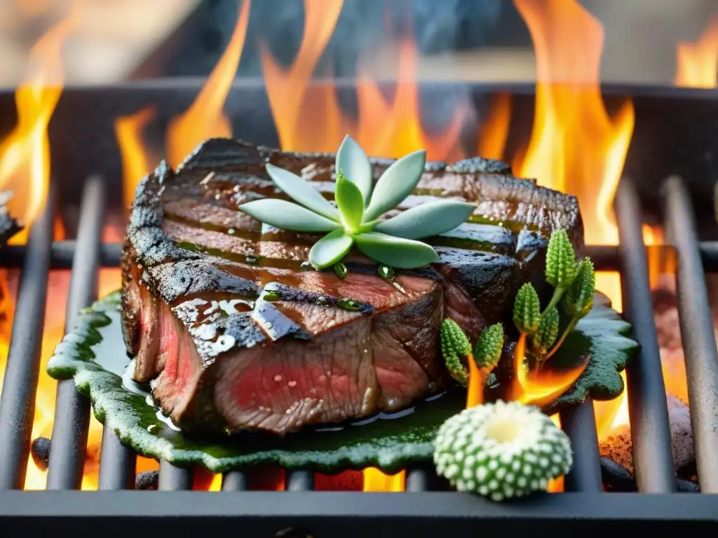 Delicioso Aguja uruguaya asándose en la parrilla, bañado en chimichurri y vegetales asados, en un ambiente cálido al atardecer