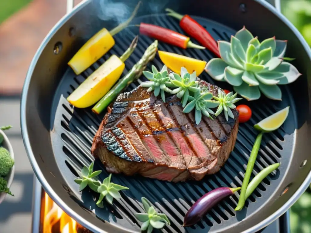 Delicioso asado al asador con jugosa carne y vegetales, en un entorno de barbacoa al aire libre