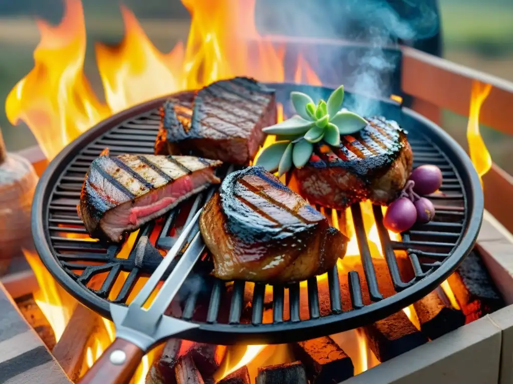Deliciosa parrillada al atardecer: carnes jugosas y fuego Delicioso asado al asador con técnicas ancestrales en paisaje campestre al atardecer