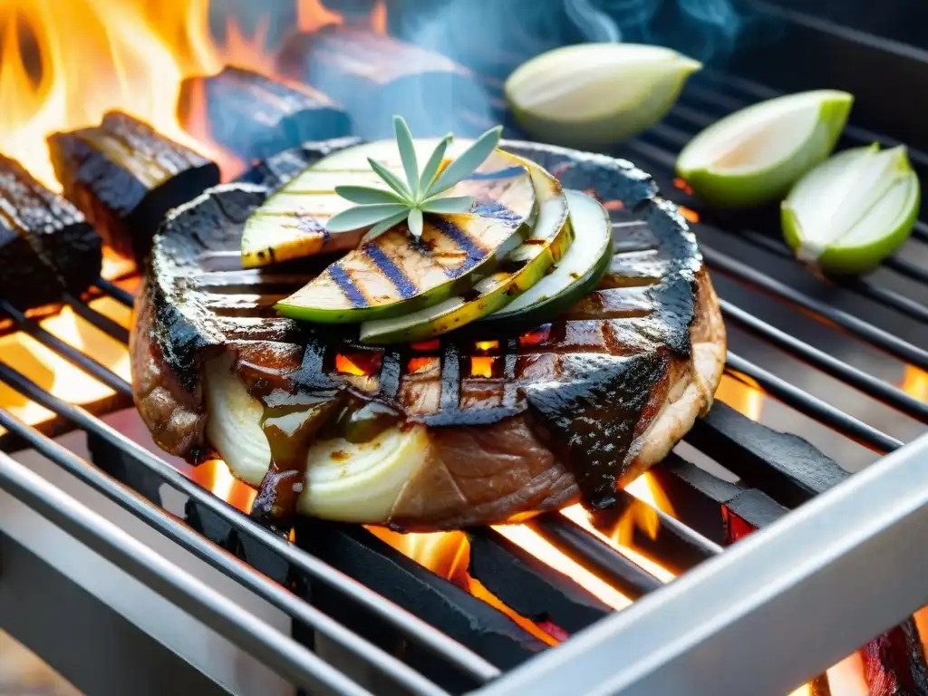 Delicioso asado de búfalo en parrilla uruguaya con cebolla caramelizada y hierbas frescas