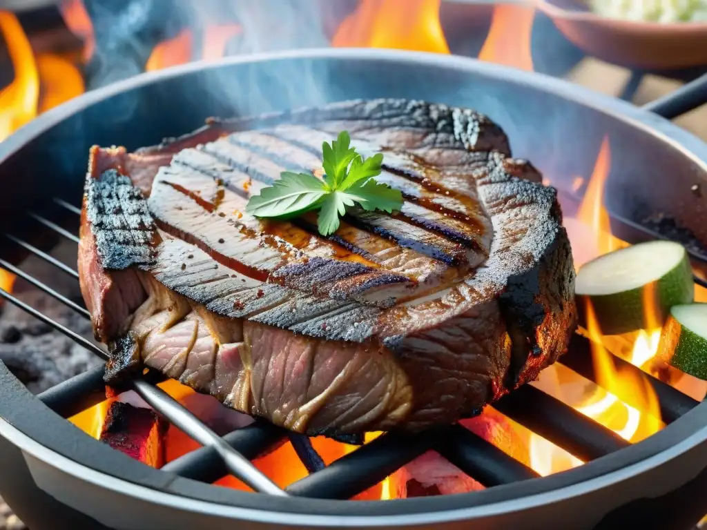 Delicioso asado de búfalo en parrilla uruguaya con chimichurri, vegetales frescos y pan crujiente