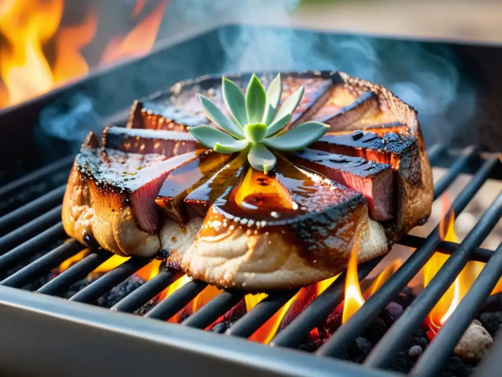 Delicioso asado de carne de camello con hierbas frescas y especias, cocinado a la parrilla al aire libre al atardecer