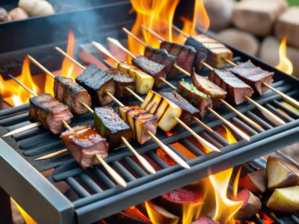 Delicioso asado de carne de camello en brocheta sobre parrilla, con llama y un entorno rústico