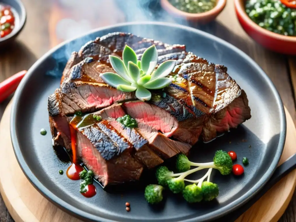 Delicioso asado de carne con chimichurri, perfectamente cocido en la parrilla