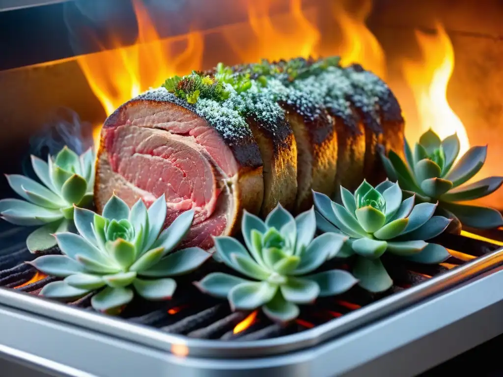 Delicioso asado de carne: arte culinario en cocción lenta Delicioso asado de carne cocinada a baja temperatura, rodeada de hierbas aromáticas y especias, con una corteza dorada