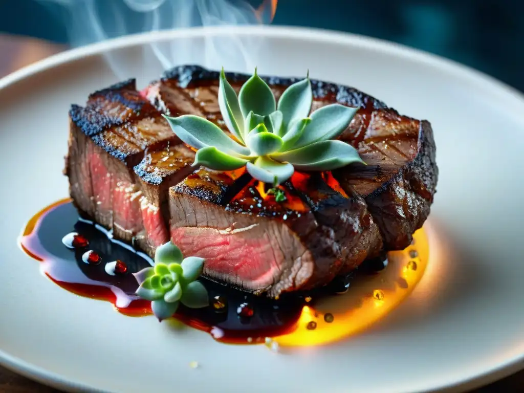 Delicioso asado de carne jugosa en la parrilla, rodeado de verduras y hierbas coloridas