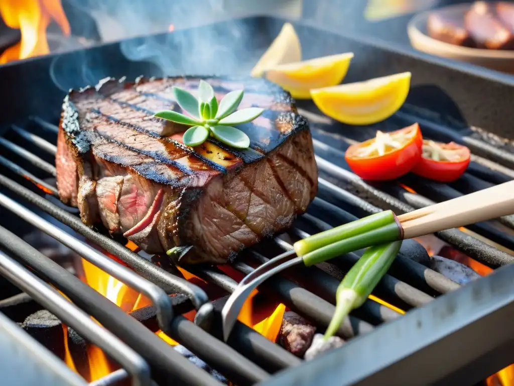 Delicioso asado de carne jugosa en la parrilla con verduras a la parrilla