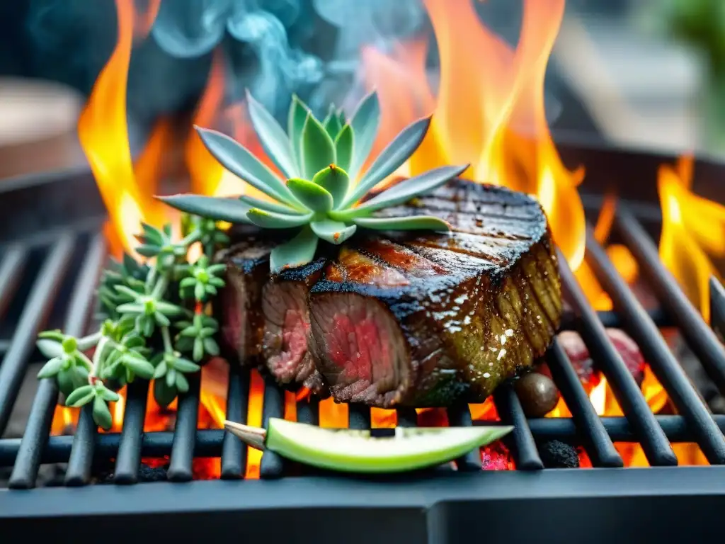 Delicioso asado de carne jugosa en la parrilla con vegetales asados, humo y hierbas frescas