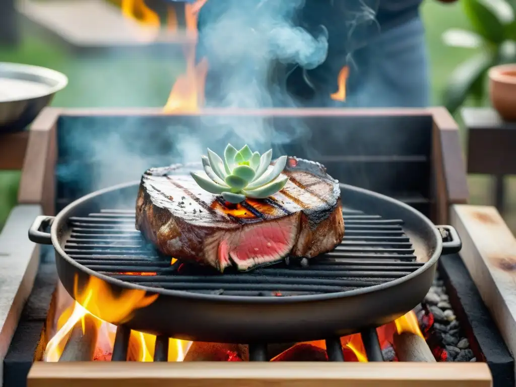 Delicioso asado de carne en parrilla de carbón en ambiente festivo al aire libre