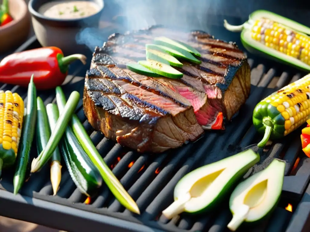 Delicioso asado de carne rodeado de vegetales a la parrilla en un ambiente cálido y acogedor