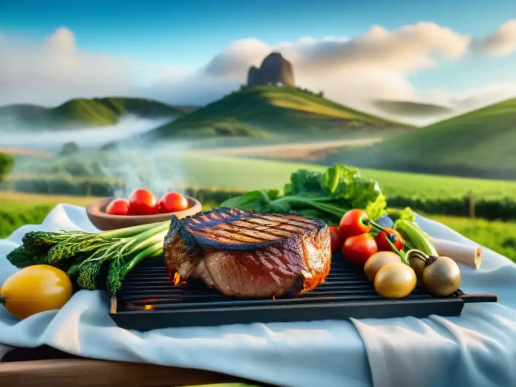 Delicioso asado en Uruguay con carne sostenible y vegetales orgánicos en un entorno campestre vibrante