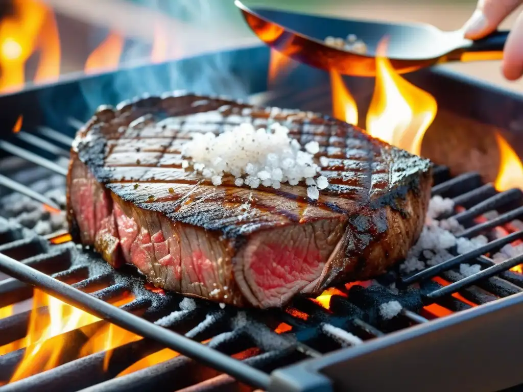 Delicioso asado de carne con técnicas de salado para asados, bañado en sal marina en un festejo al aire libre con amigos y familiares