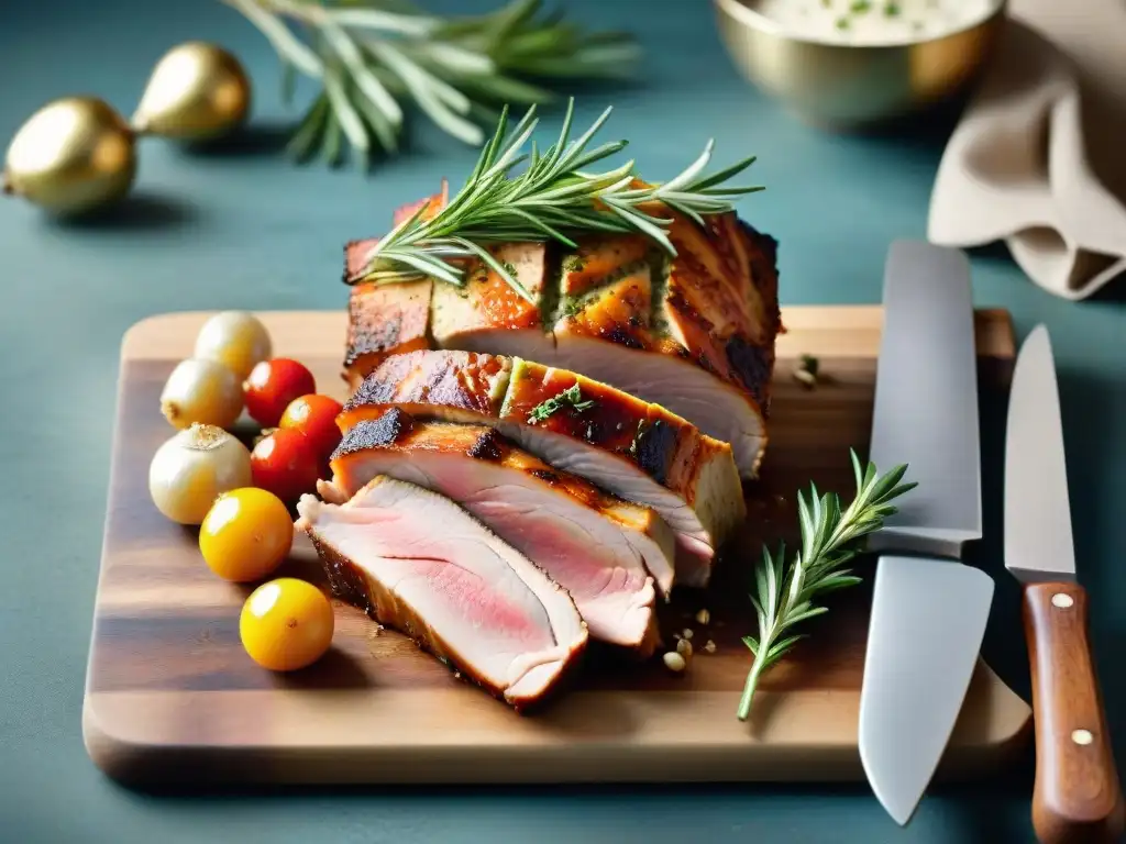 Delicioso asado de cerdo con jugosos trozos, rodeado de hierbas frescas y vegetales asados