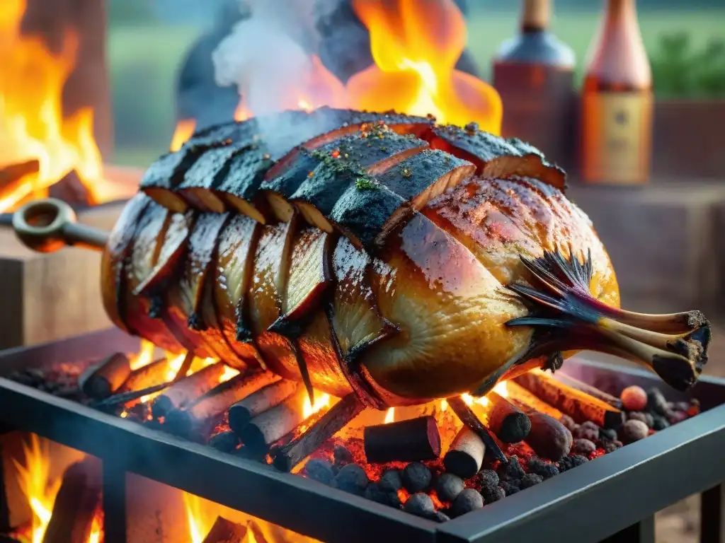 Delicioso asado de cerdo a la parrilla con sidras uruguayas, en un paisaje campestre al atardecer