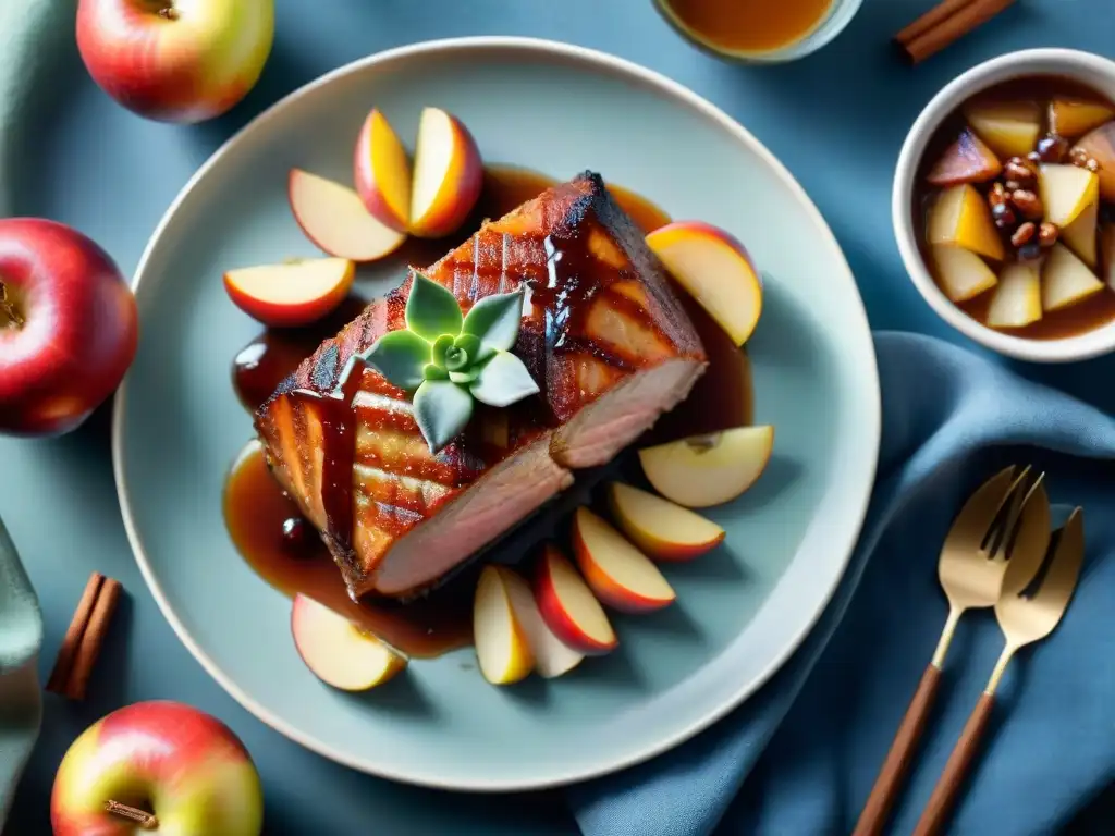 Un delicioso asado de cerdo con sidra, rodeado de manzanas caramelizadas y bañado en una salsa dorada y rica