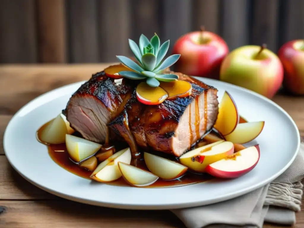 Un delicioso asado de cerdo con sidra, rodeado de manzanas caramelizadas en una mesa rústica