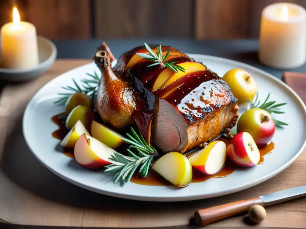 Delicioso asado de cerdo con sidra y manzanas caramelizadas, bañado en una brillante glaseado