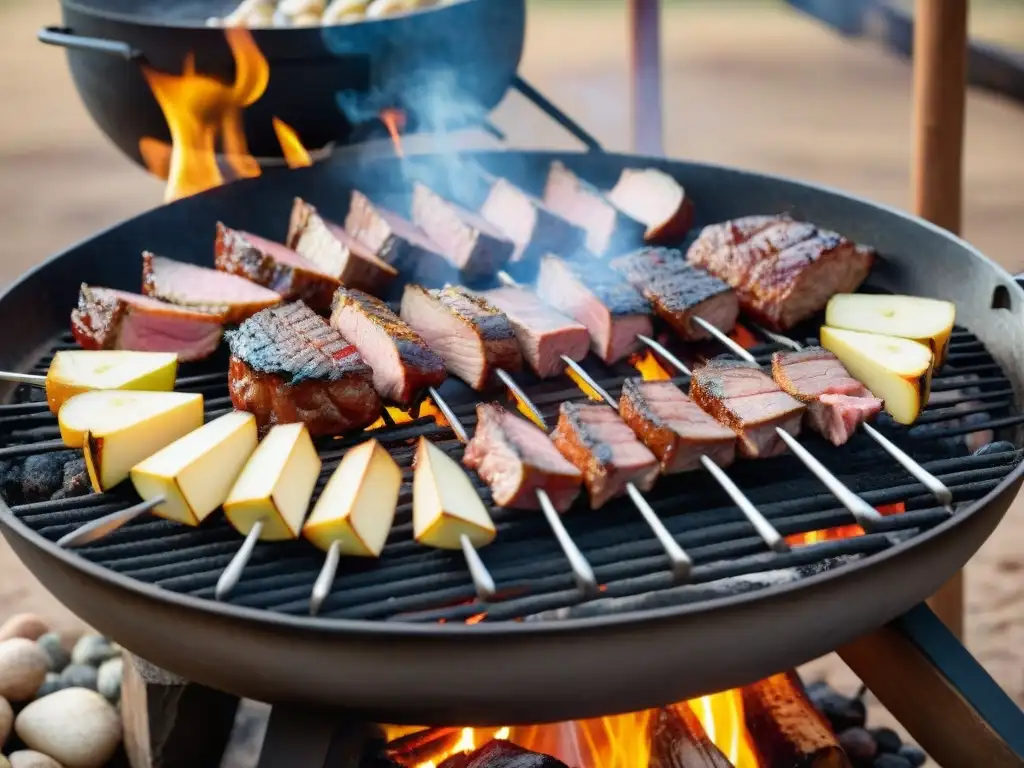 Delicioso asado de cerdo uruguayo en parrilla rústica, cocinado lentamente sobre llamas