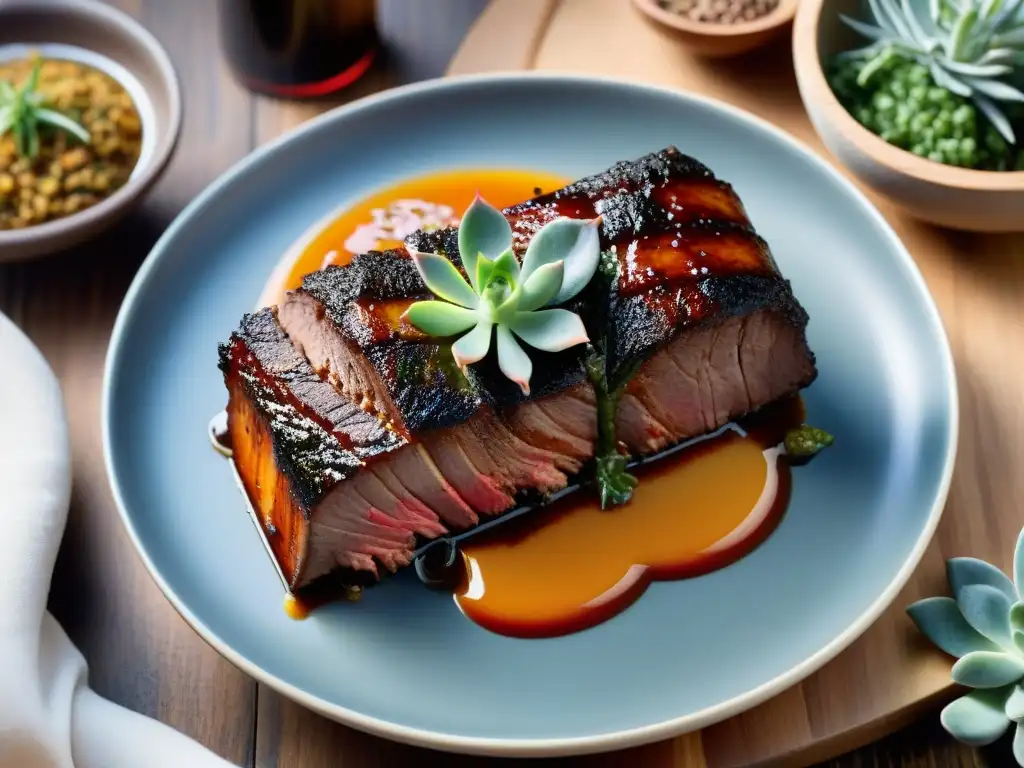 Delicioso asado cocinado a fuego lento, jugoso y tierno, rodeado de hierbas y especias