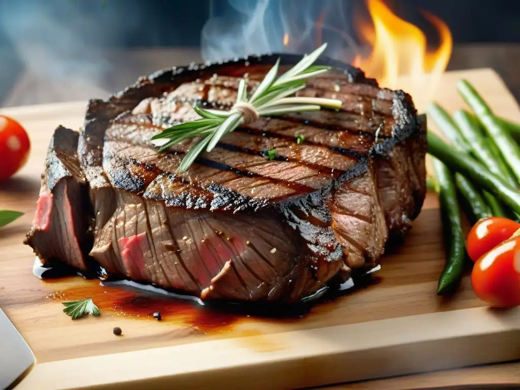 Delicioso asado perfectamente cocinado en parrilla, rodeado de vegetales y condimentos