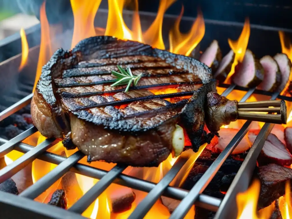 Delicioso asado colita de cuadril Uruguay: tiernas carnes jugosas en parrilla ardiente y llamas coloridas