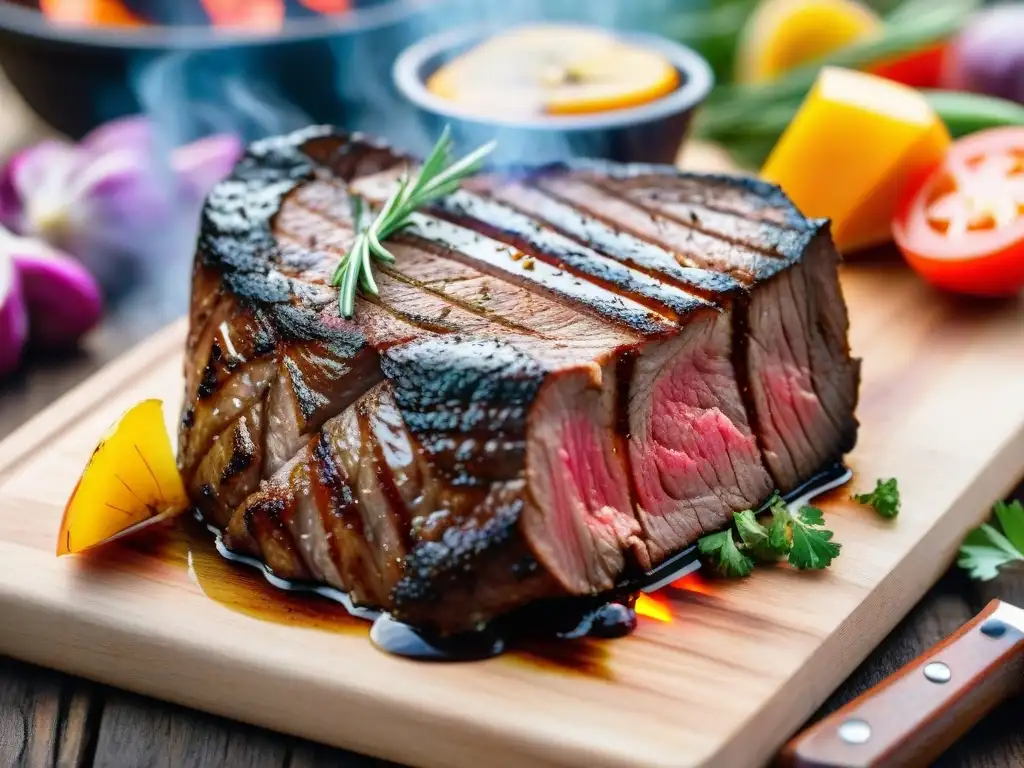 Un delicioso asado colita de cuadril Uruguay cocinándose a la parrilla, rodeado de vegetales y hierbas frescas en una soleada barbacoa al aire libre