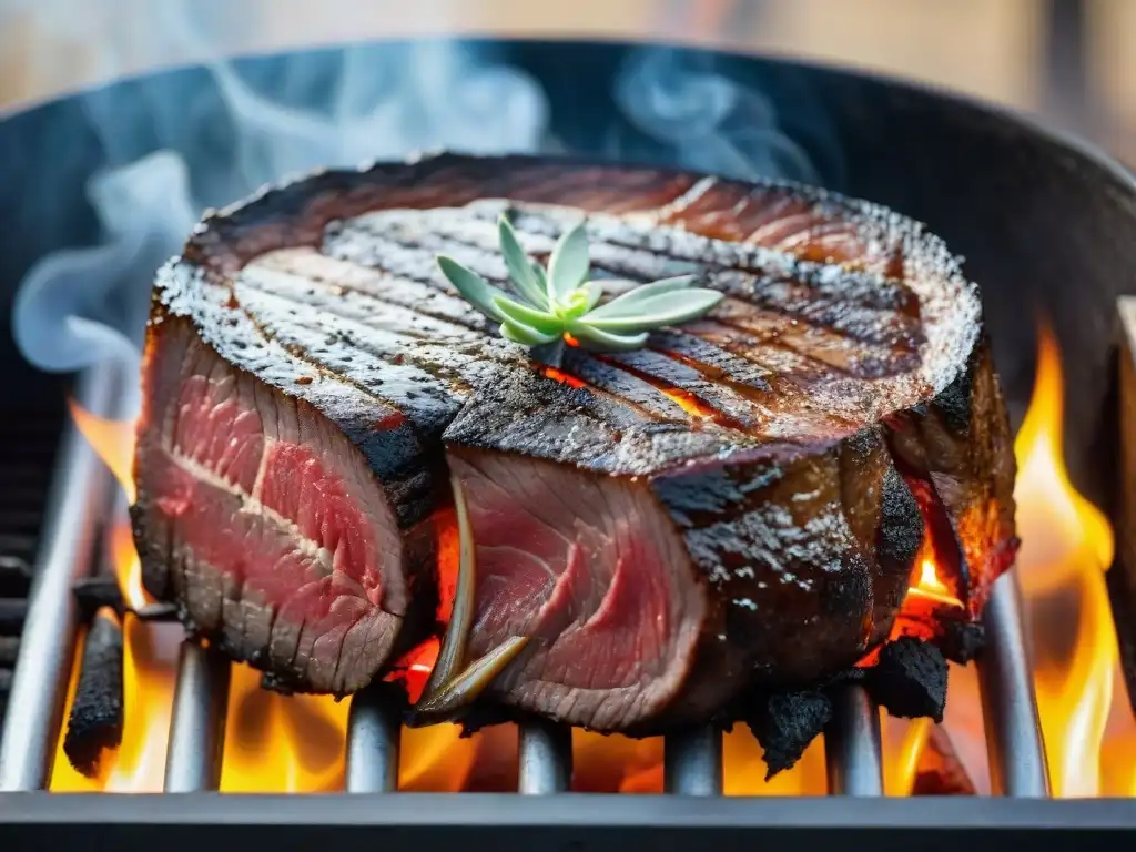 Delicioso asado de colita de cuadril uruguayo en parrilla, resaltando su jugosidad y sabor ahumado