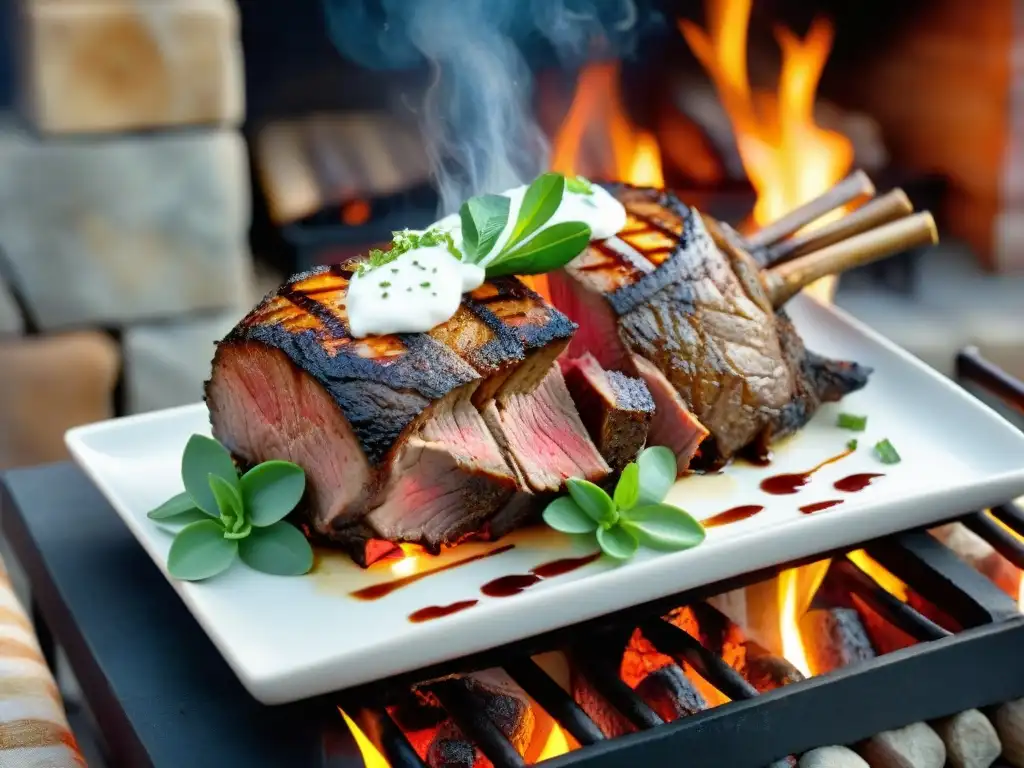 Delicioso asado de cordero con menta cocinándose a fuego lento en un ambiente rústico al aire libre