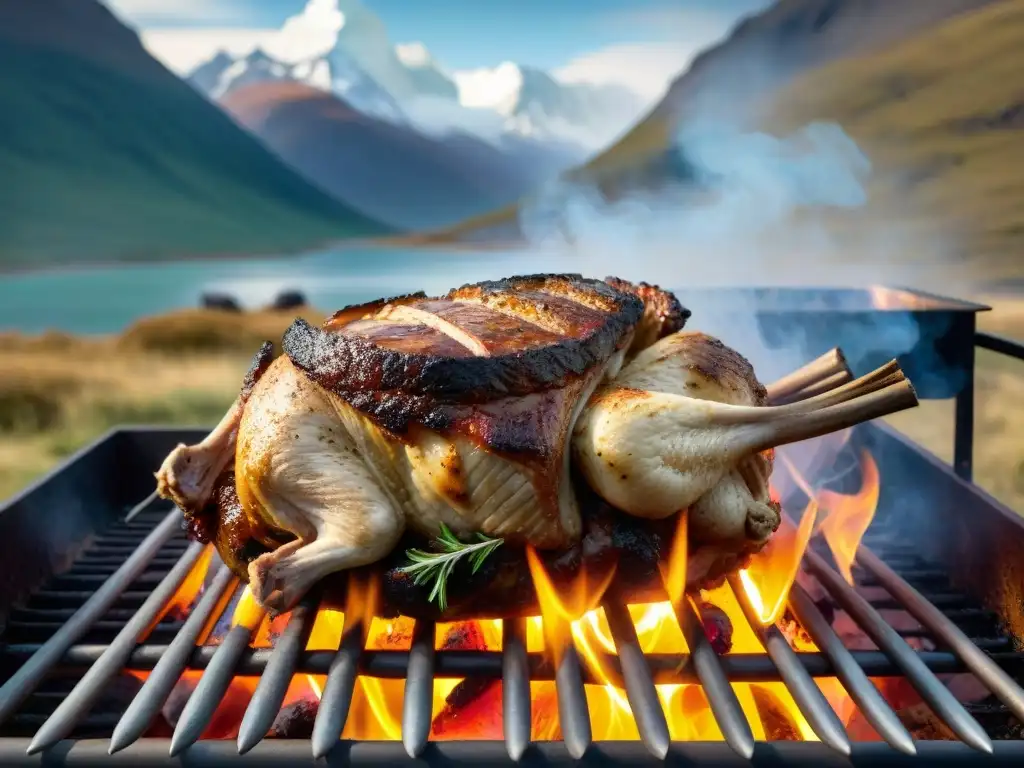 Delicioso asado de cordero patagónico cocinándose lentamente en parrilla al aire libre, rodeado de paisaje patagónico