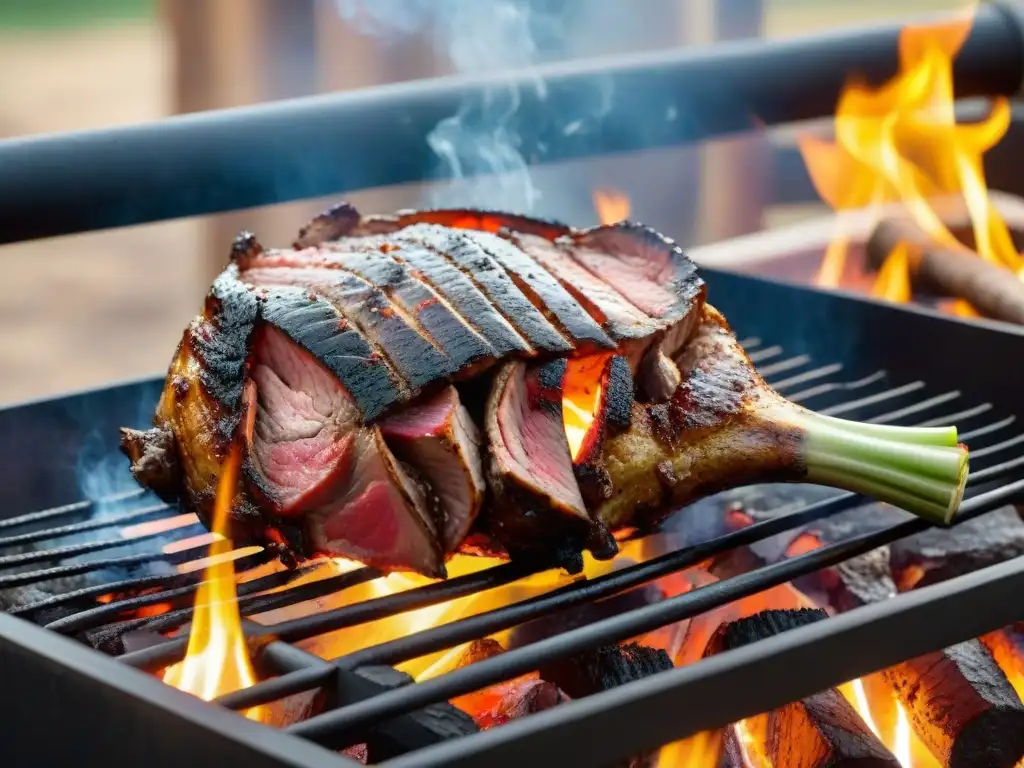 Delicioso Asado de Cordero Uruguayo en parrilla, jugoso y perfectamente dorado, en un escenario rústico con elementos tradicionales